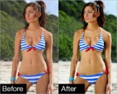 PhotoShop简单几步给沙滩上的比基尼美女照片修图调色的过程